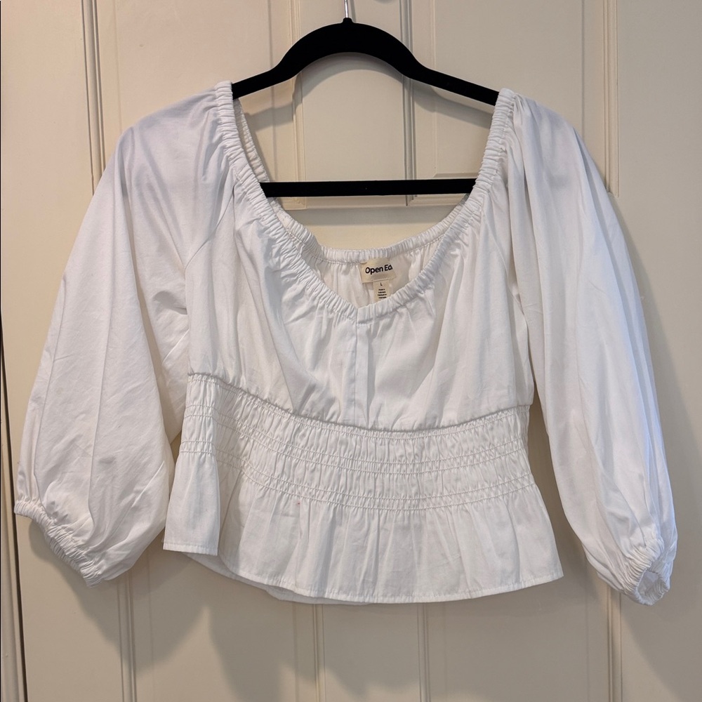 Open End White Smocked Peasant Blouse with Puff Sleeves